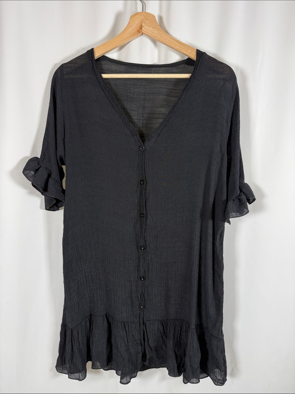 Black Button-Front V-Neck Swim Coverup with Ruffle Hem